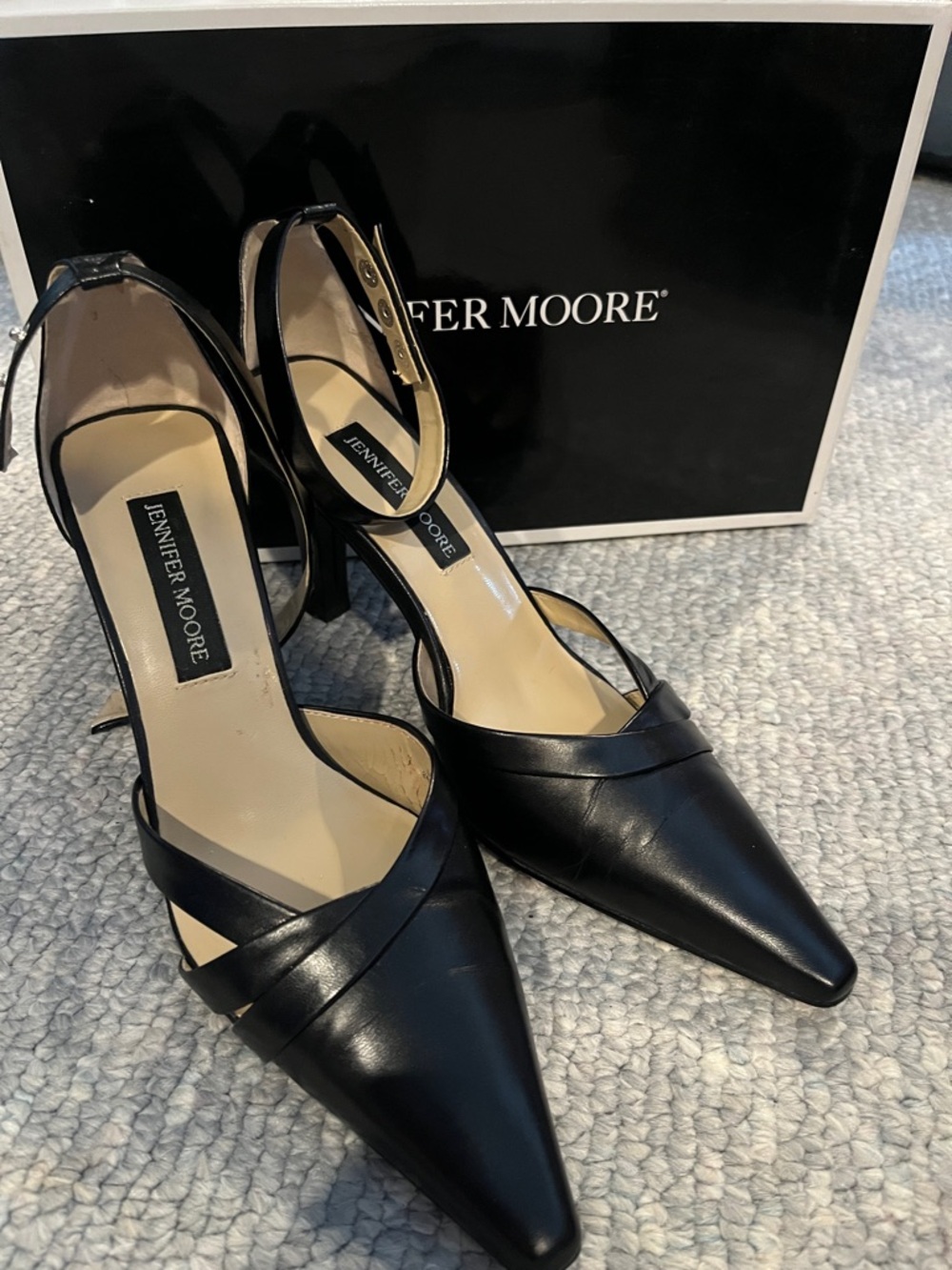 Jennifer Moore Black Pointed-Toe Ankle-Strap Pumps with Cross Vamps
